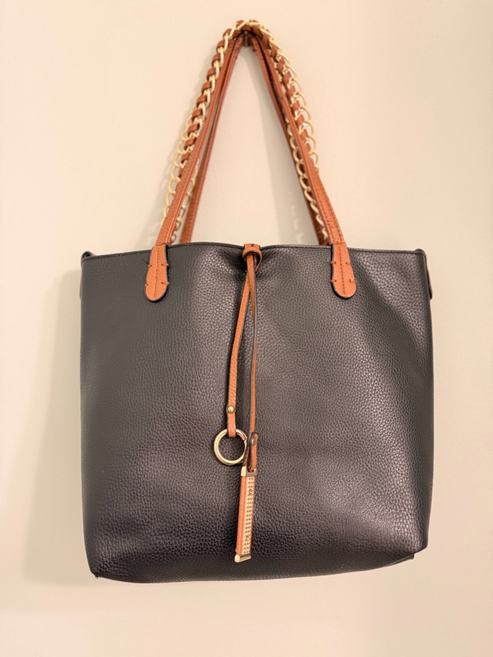 Black Tote Bag with Tan Trim and Chain-Strap